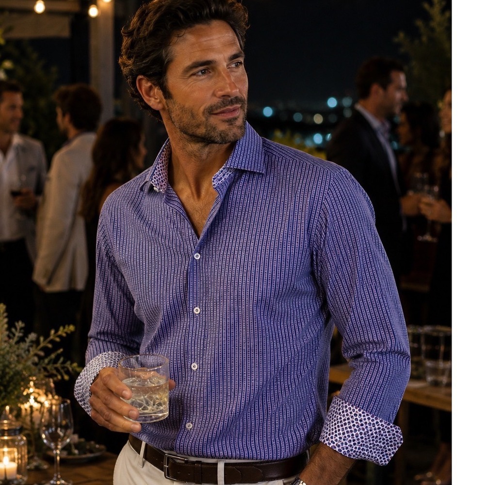 Bugatchi Button Down Shirt Men 15 34/35 Purple Blue Grid Contrast Trim 12383